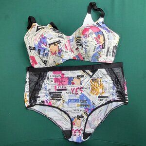 Torrid Curve newsprint colorful bra 40D with matching panties size 1X EUC
